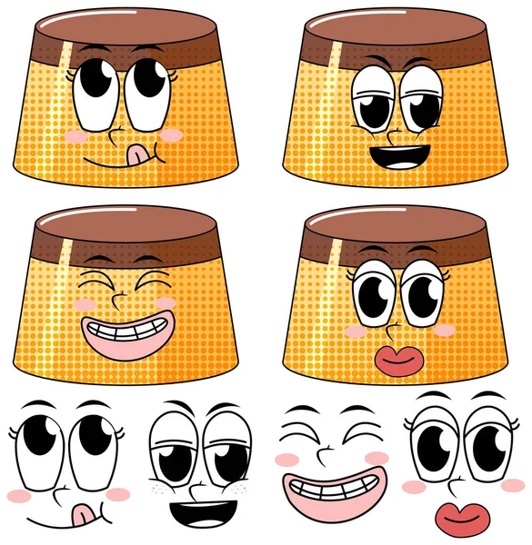 Conjunto Expresión Facial Estilo Vintage Dibujos Animados Con Pudín Sobre — Archivo Imágenes Vectoriales