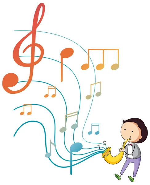Ein Kleiner Junge Bläst Saxofon Mit Noten Auf Weißem Hintergrund — Stockvektor