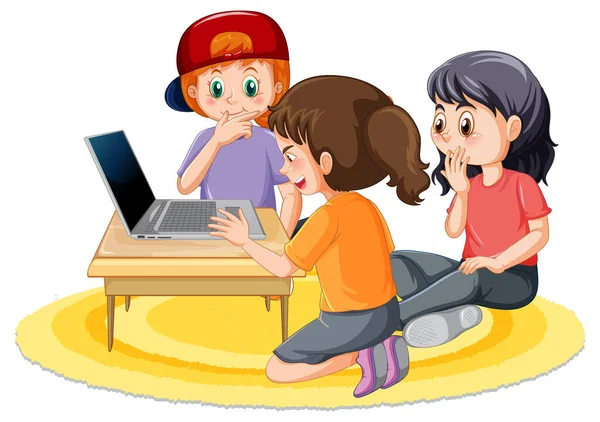 Niños Usando Computadora Portátil Sobre Fondo Blanco Ilustración — Archivo Imágenes Vectoriales