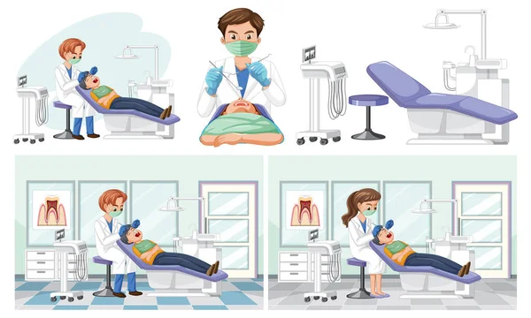 Sada Zubařských Nástrojů Vyšetřující Ilustraci Zubů Pacienta — Stockový vektor