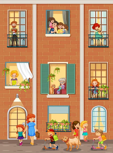 Ventanas Del Apartamento Con Ilustración Personajes Dibujos Animados Vecinos — Vector de stock