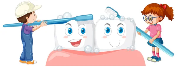 Çocuklar Beyaz Arkaplanda Diş Fırçasıyla Büyük Dişleri Fırçalıyorlar — Stok Vektör