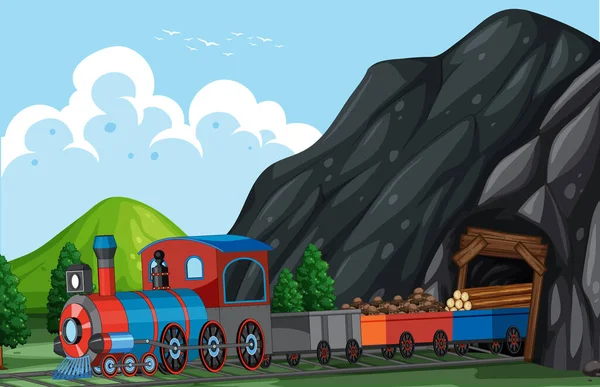 Escena Aire Libre Con Una Ilustración Del Tren Locomotora Vapor — Vector de stock