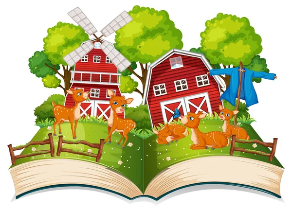 Farm Jelenet Sok Szarvas Pajta Illusztráció — Stock Vector