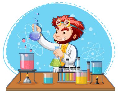 Bilim adamı karikatür karakteri laboratuvar malzemesi çizimi
