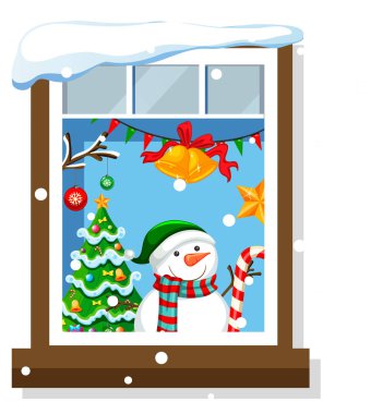 Noel temalı illüstrasyonda çizgi film karakterinin penceresinden bak