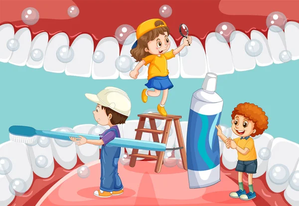 Crianças Felizes Escovando Dentes Branqueados Com Uma Escova Dentes Dentro —  Vetores de Stock