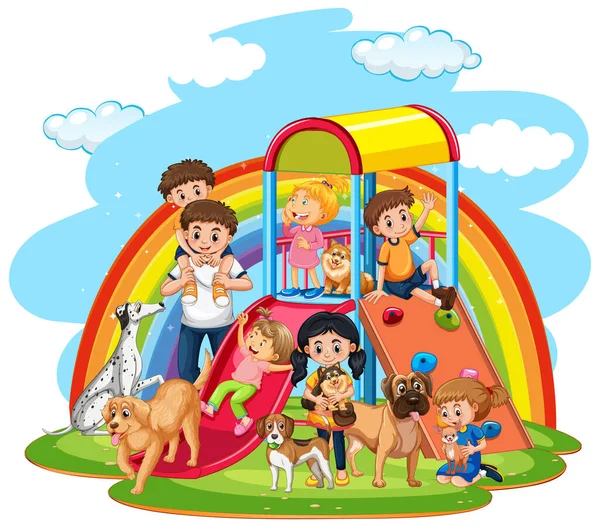 Glückliche Familie Auf Dem Spielplatz Regenbogen Hintergrund Illustration — Stockvektor