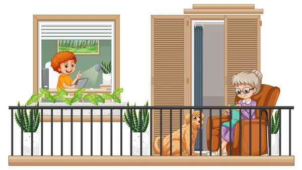 Balkon Scène Met Stripfiguren Illustratie — Stockvector