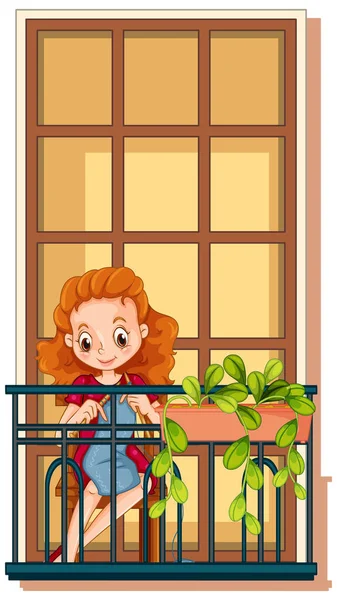 Woman Knitting Balcony Illustration — Stock Vector