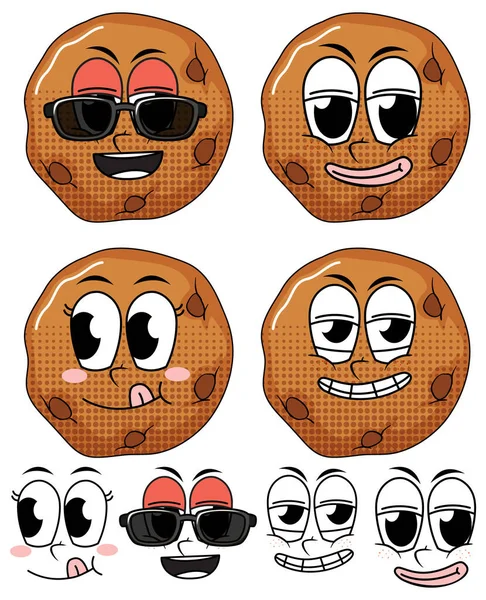 白色背景图上的一组带有Cookie的面部表情老式卡通画 — 图库矢量图片
