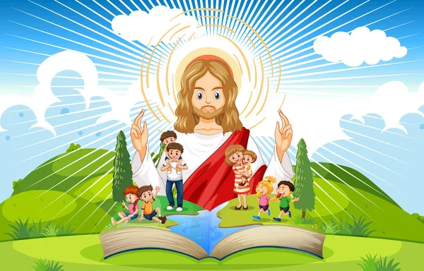 Livre Ouvert Avec Jésus Christ Illustration Peuple — Image vectorielle