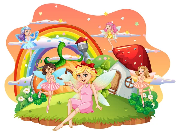 Group Lovely Fairy Island Illustration — Stock Vector