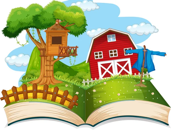 带有红色谷仓和树屋插图的农场场景 — 图库矢量图片