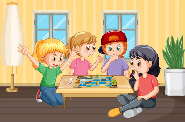 Enfants Jouant Jeu Société Dans Maison Illustration — Image vectorielle