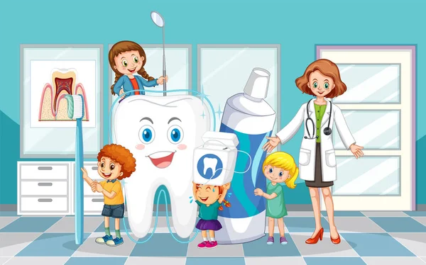 Dentista Niños Felices Sosteniendo Cepillo Dientes Pasta Dientes Hilo Dental — Vector de stock