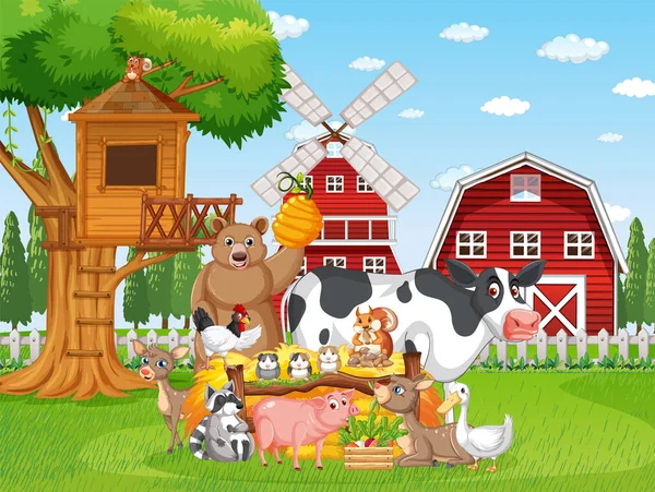 Farm Scene Many Farm Animals Illustration — Stock Vector