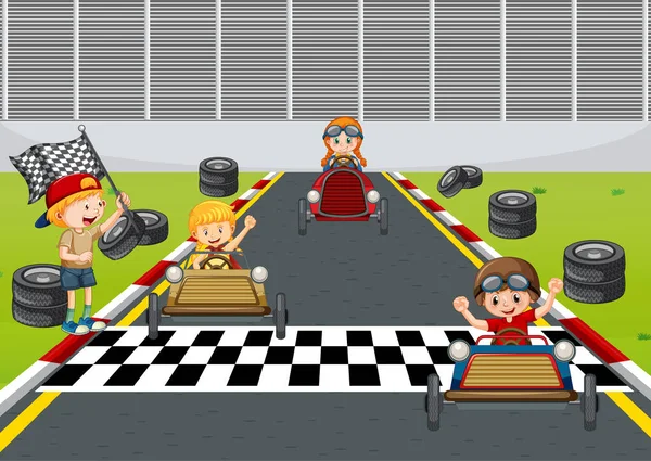 Soapbox Escena Derby Con Los Niños Carreras Coches Ilustración — Vector de stock