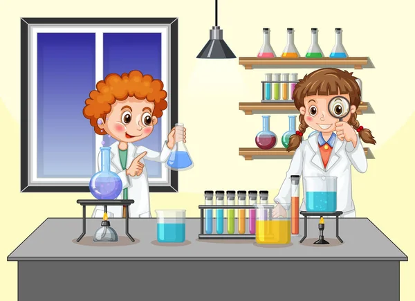 Vědec Děti Laboratoři Pozadí Ilustrace — Stockový vektor