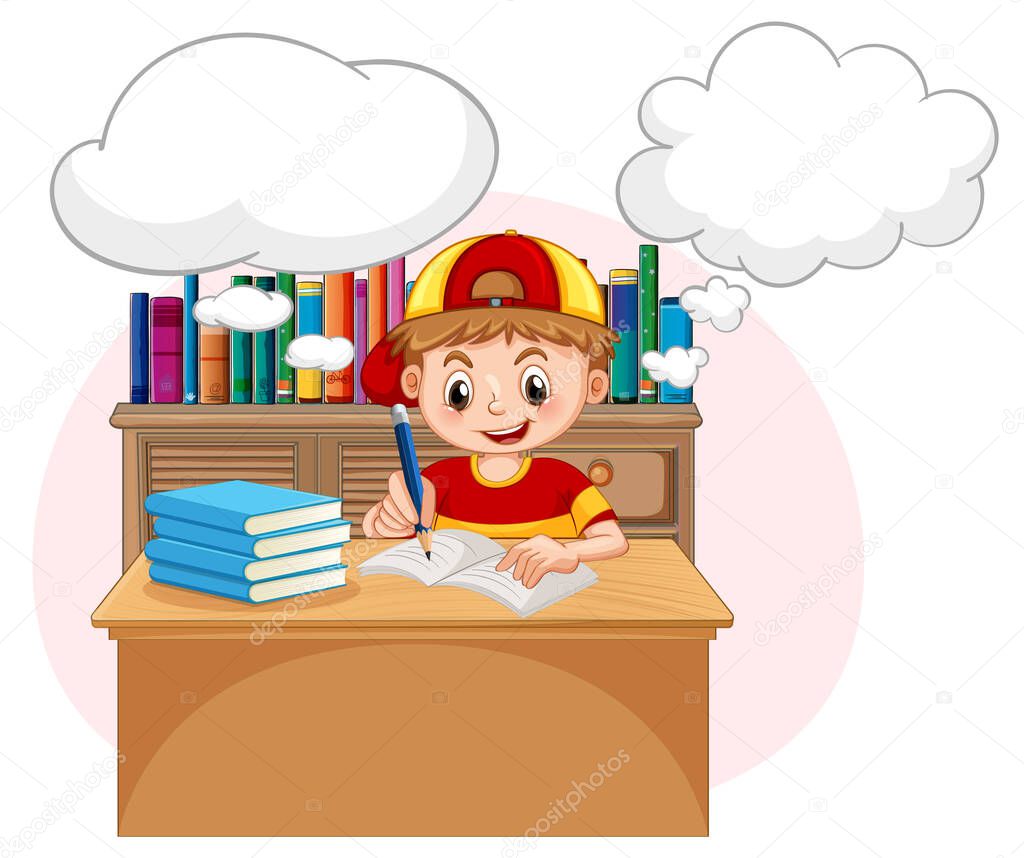A kid doing homework with speech bubble in the library illustration