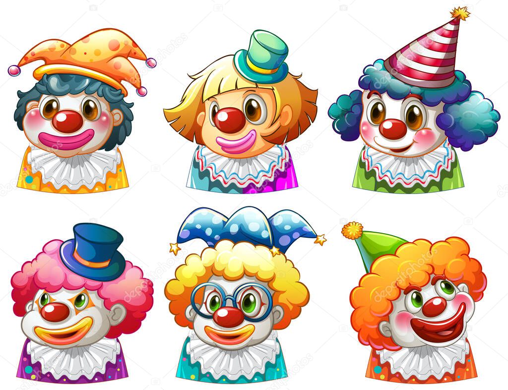 Set of clown facial expression illustration