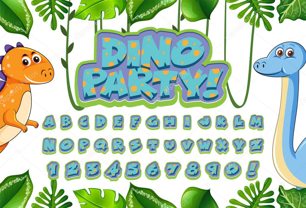 Font design for english alphabets in dinosaur character on template with jungle illustration