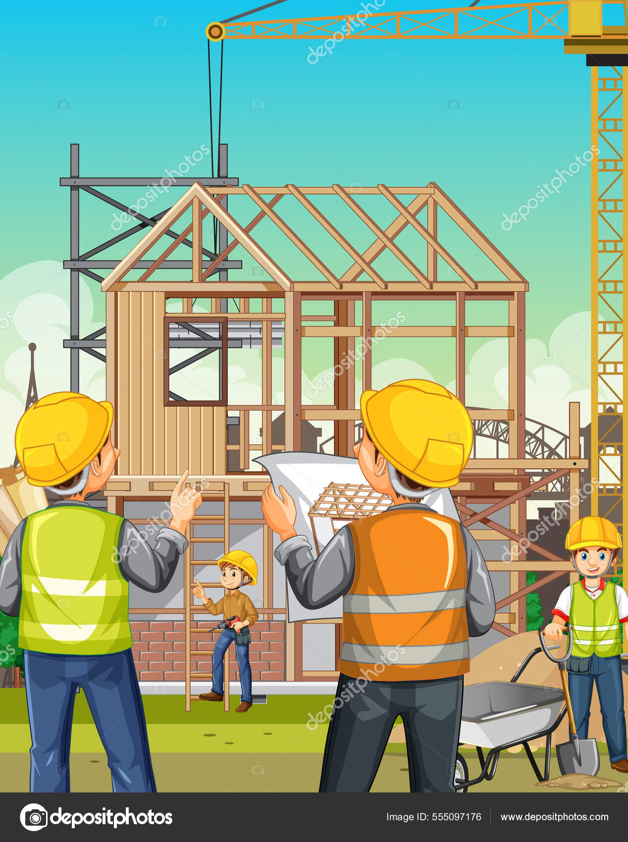 Construcción Obra Con Ilustración Los Trabajadores Vector de stock  #555097176 de ©interactimages, image size:1268x1700