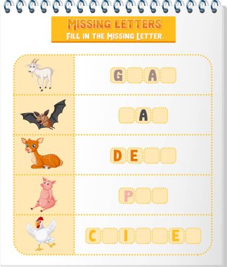 Çocuk illüstrasyonu için her kelime çalışma kağıdının eksik harfini doldur