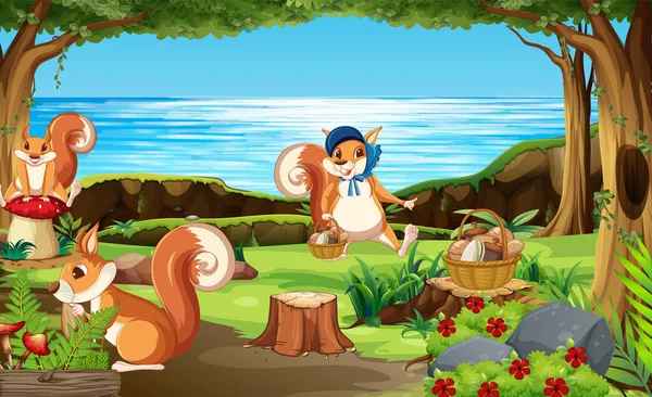 Scène Avec Des Écureuils Dans Forêt Illustration — Image vectorielle