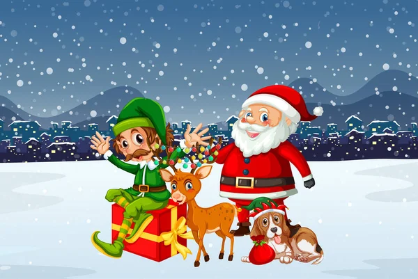 Cena Noturna Natal Nevado Com Papai Noel Amigos Ilustração —  Vetores de Stock