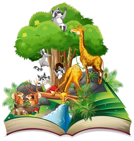 Livro Aberto Tema Floresta Com Animal Sobre Fundo Branco Ilustração — Vetor de Stock