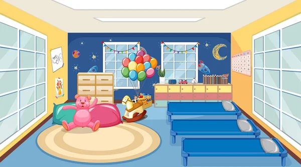 Szene Eines Klassenzimmers Mit Drei Betten Und Spielzeug Illustration — Stockvektor