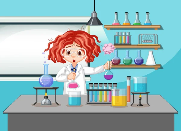 Menina Cientista Laboratório Quarto Fundo Ilustração —  Vetores de Stock