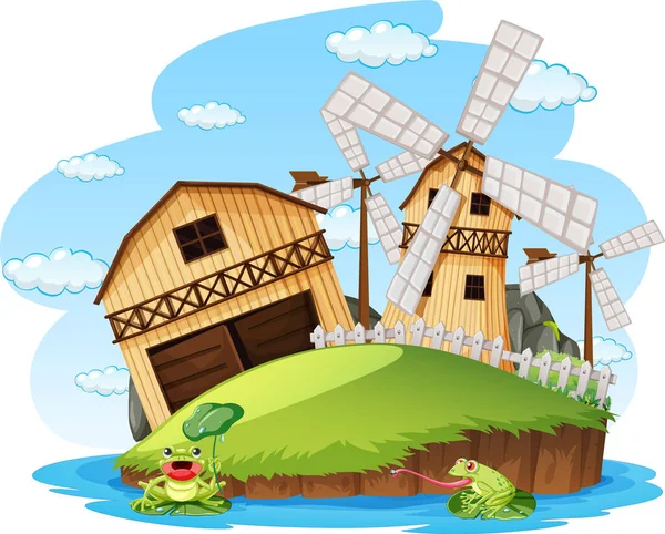 Granja Escena Con Molino Viento Granero Ilustración — Vector de stock