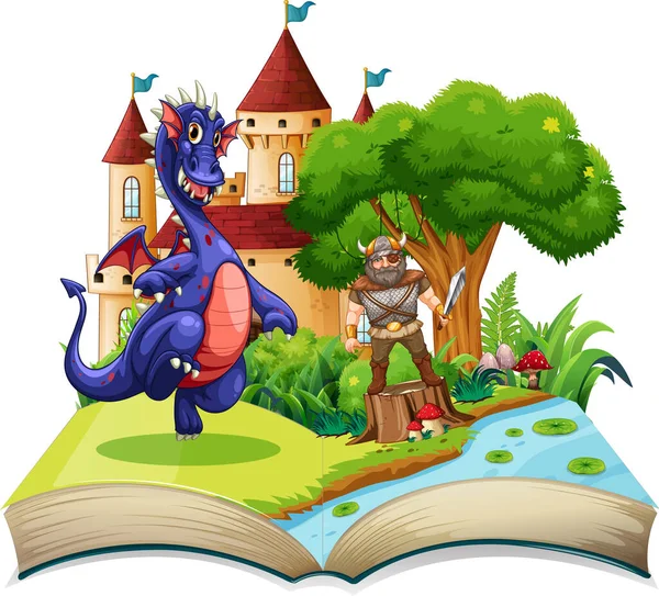Book Scene Knight Dragon Fighting Illustration — Stock Vector