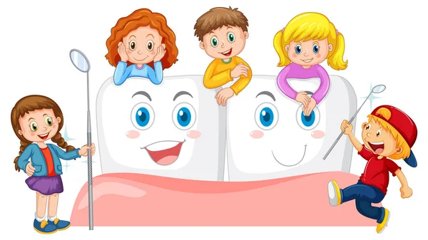 歯の鏡を持っている子供たちと白い背景のイラストに大きな歯で抱きつく — ストックベクタ
