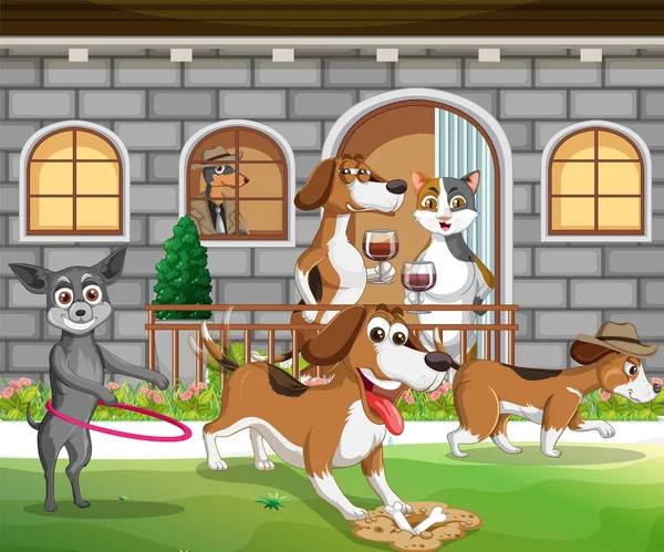 Outdoor Scene Met Cartoon Katten Honden Illustratie — Stockvector