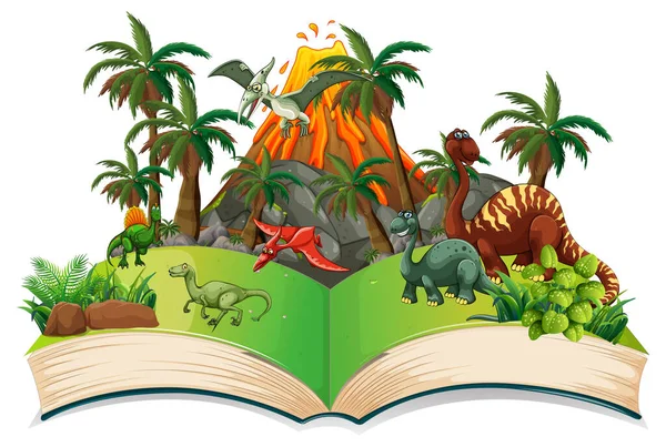 Libro Dinosaurios Bosque Ilustración — Vector de stock
