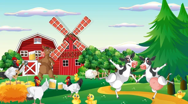 Εξωτερική Αγελάδα Αγρόκτημα Σκηνή Χαρούμενα Ζώα Εικονογράφηση Κινουμένων Σχεδίων — Διανυσματικό Αρχείο