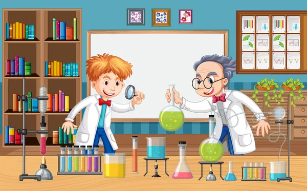 Laboratorium Scène Met Wetenschapper Cartoon Karakter Illustratie — Stockvector