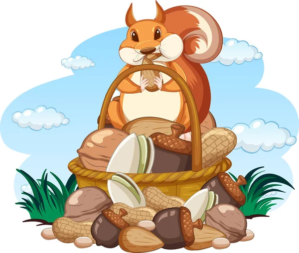 Cute Squirrel Eating Nut Basket Illustration — Stock Vector