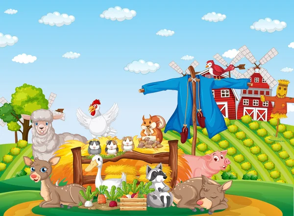 Bauernhofszene Viele Tiere Auf Dem Feld Illustration — Stockvektor