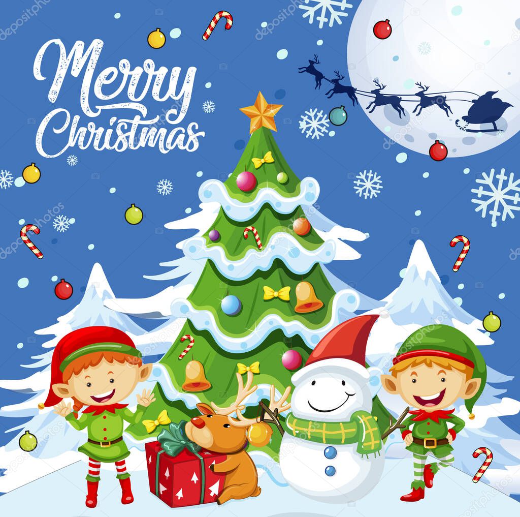 Merry Christmas poster design with elves and Christmas tree illustration