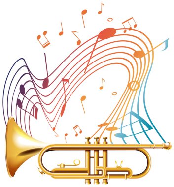 Müzik notaları beyaz arkaplandaki trompet renkleriyle renklidir.