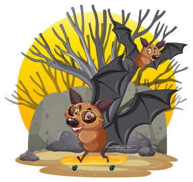 Orman illüstrasyonunda iki yarasayla izole bir sahne.