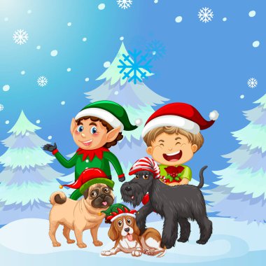 Karlı arkaplanda elf ve köpeklerin olduğu bir Noel posteri tasarımı