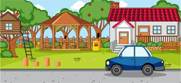 Outdoor Scene Met Doodle Huis Cartoon Illustratie — Stockvector