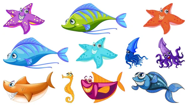 Dibujos Animados Animales Marinos Colección Ilustración — Vector de stock