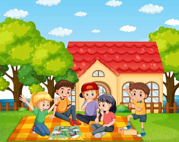 Children Playing Games House Illustration — Stock Vector