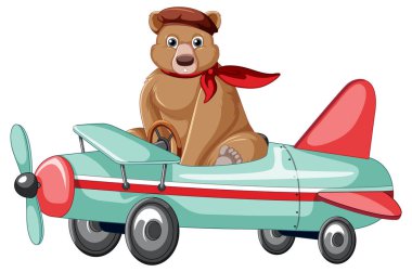 Beyaz arkaplanda uçak uçuran sevimli çizgi film ayısı.